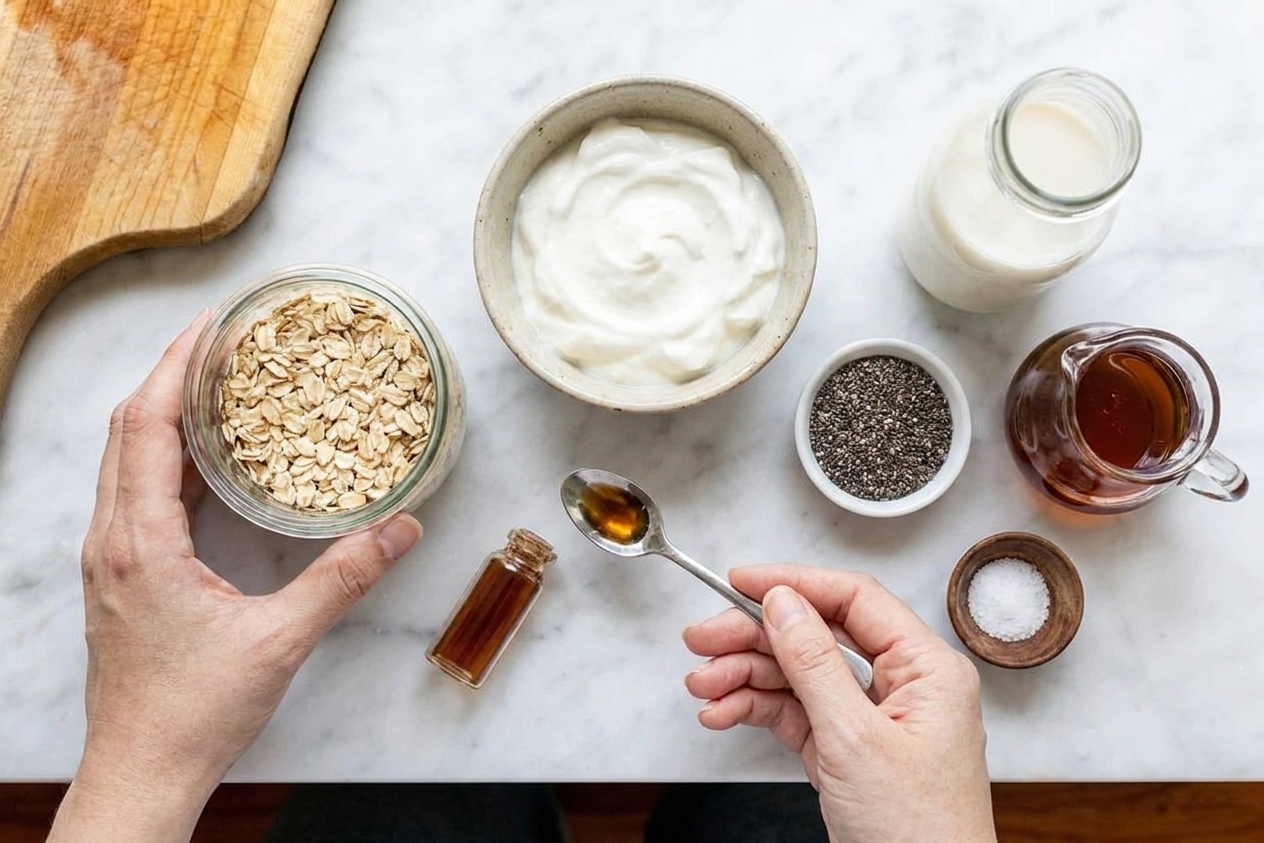 Rolled oats, Greek yogurt, milk, chia seeds, maple syrup, vanilla, and salt arranged on a clean kitchen counter