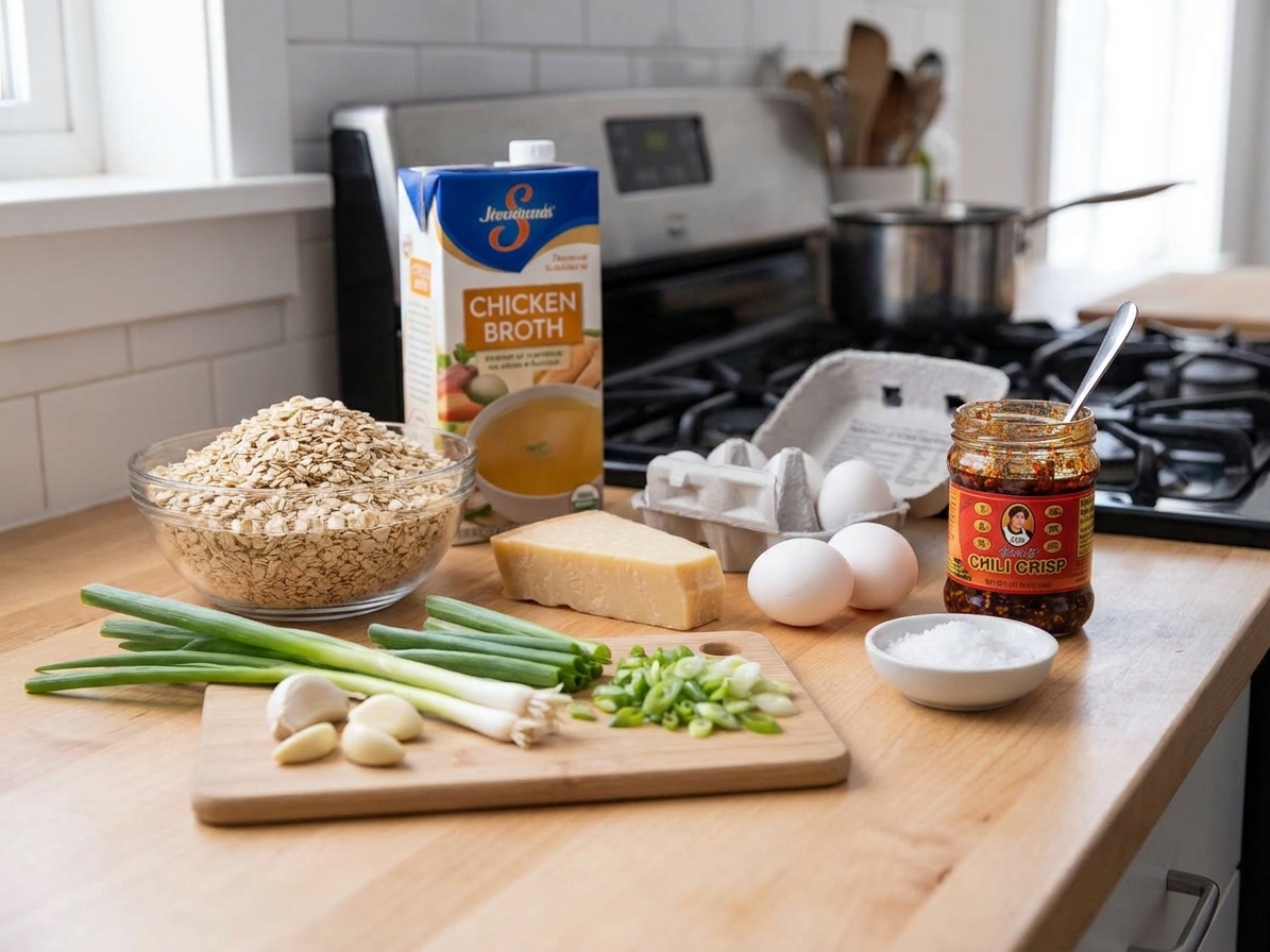 Rolled oats, a carton of broth, garlic, Parmesan, eggs, scallions, and chili crisp arranged on a clean kitchen counter in natural light