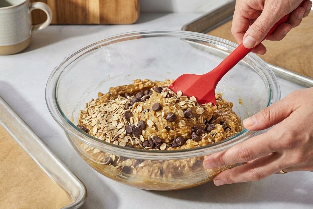 Rolled oats and chocolate chips being folded into thick cookie dough with a rubber spatula