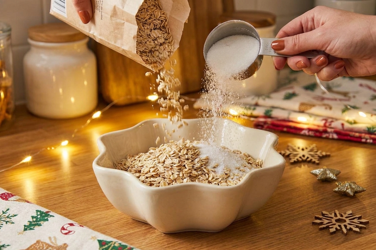 Rolled oats and granulated sugar being poured into a medium mixing bowl on a kitchen counter