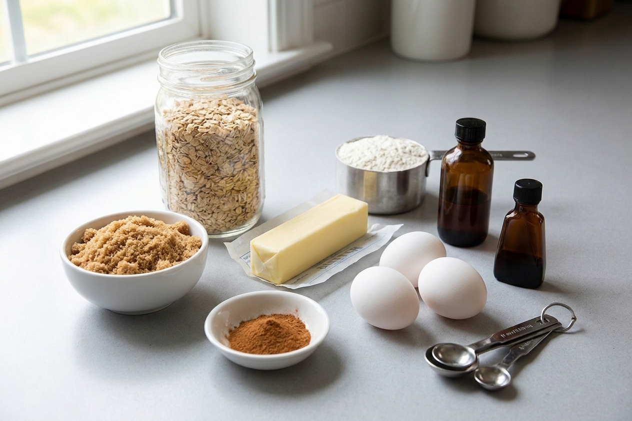 Rolled oats, brown sugar, butter, flour, cinnamon, eggs, and vanilla arranged on a light kitchen counter with measuring spoons nearby in natural window light