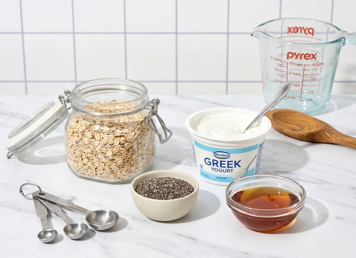 Rolled oats, chia seeds, Greek yogurt, and a small bowl of maple syrup arranged on a clean kitchen counter with measuring spoons