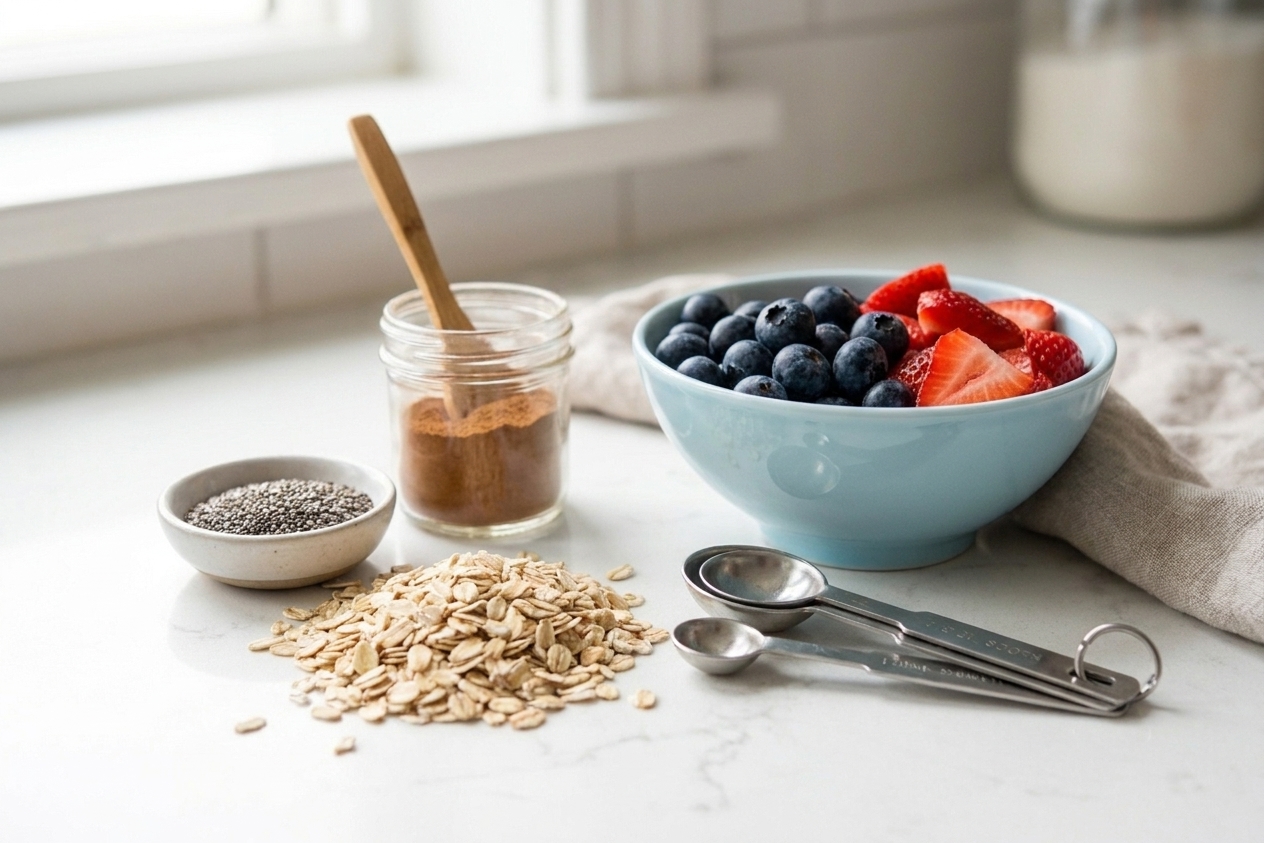 Rolled oats, chia seeds, cinnamon, and a small bowl of berries arranged on a tidy kitchen counter with measuring spoons