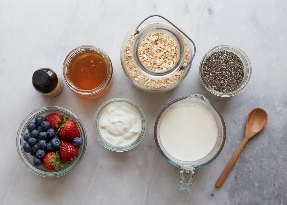 Rolled oats, chia seeds, milk, Greek yogurt, honey, vanilla, and berries arranged on a clean kitchen counter with a measuring cup