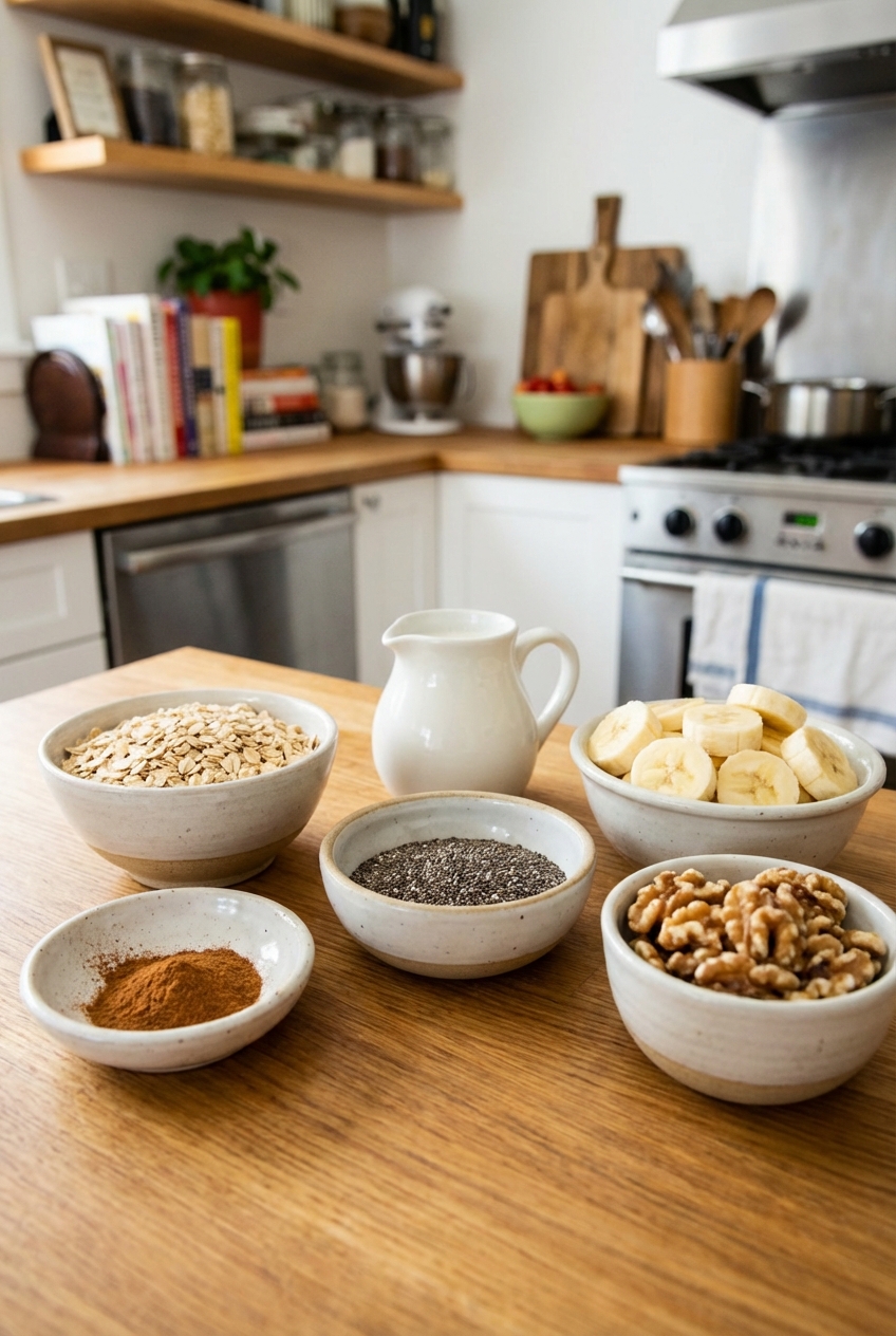 Rolled oats, cinnamon, chia seeds, milk, bananas, and walnuts set out in small bowls on a counter