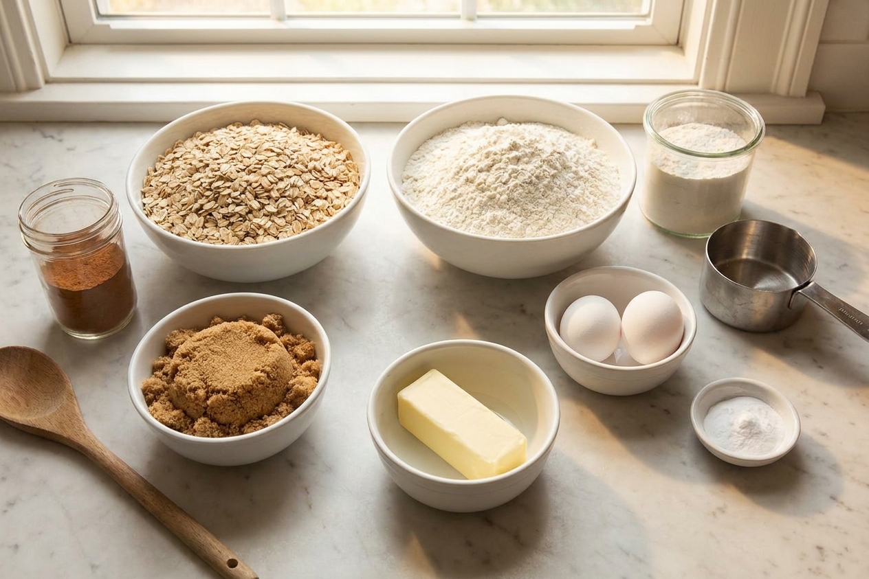 Rolled oats, flour, brown sugar, butter, eggs, cinnamon, and baking soda arranged on a clean kitchen counter with warm natural light