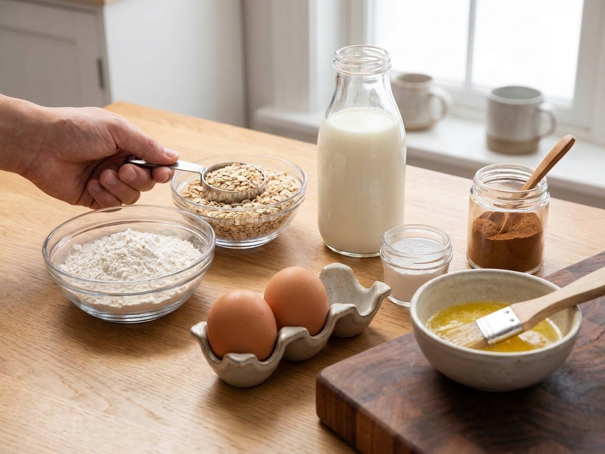 Rolled oats, flour, eggs, milk, baking powder, cinnamon, and a bowl of melted butter arranged on a clean kitchen counter in natural light