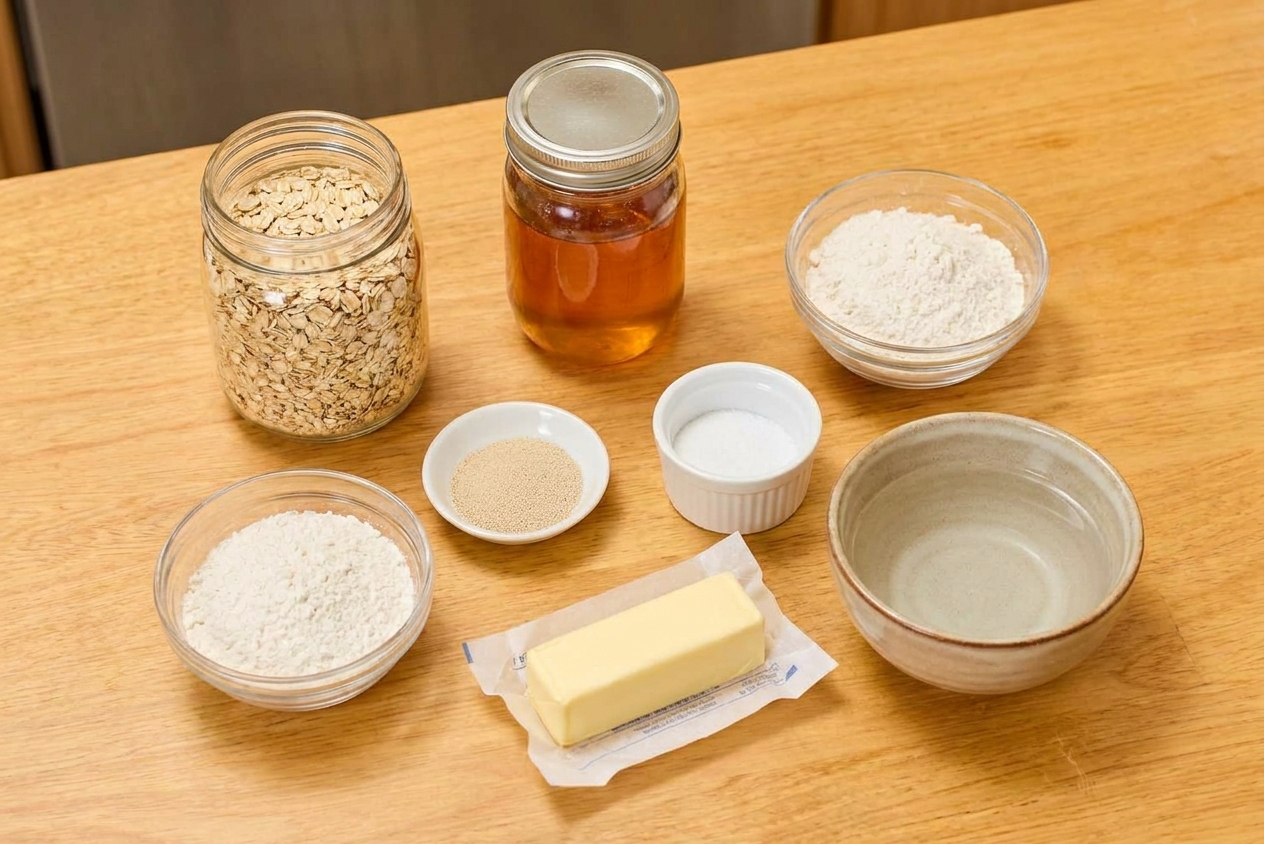 Rolled oats, honey, flour, yeast, salt, butter, and a bowl of warm water arranged on a clean kitchen counter