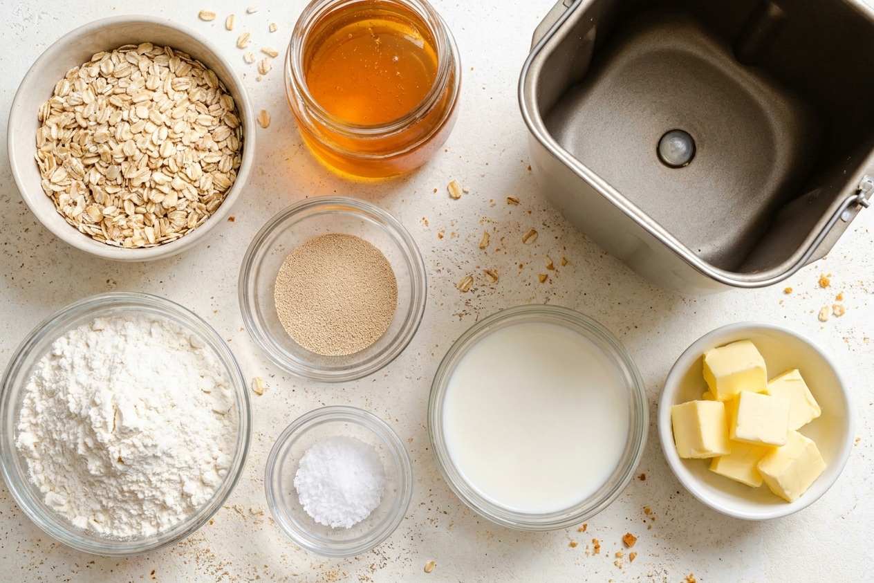 Rolled oats, honey, flour, yeast, salt, milk, and butter measured in bowls on a clean kitchen counter with a bread maker pan nearby