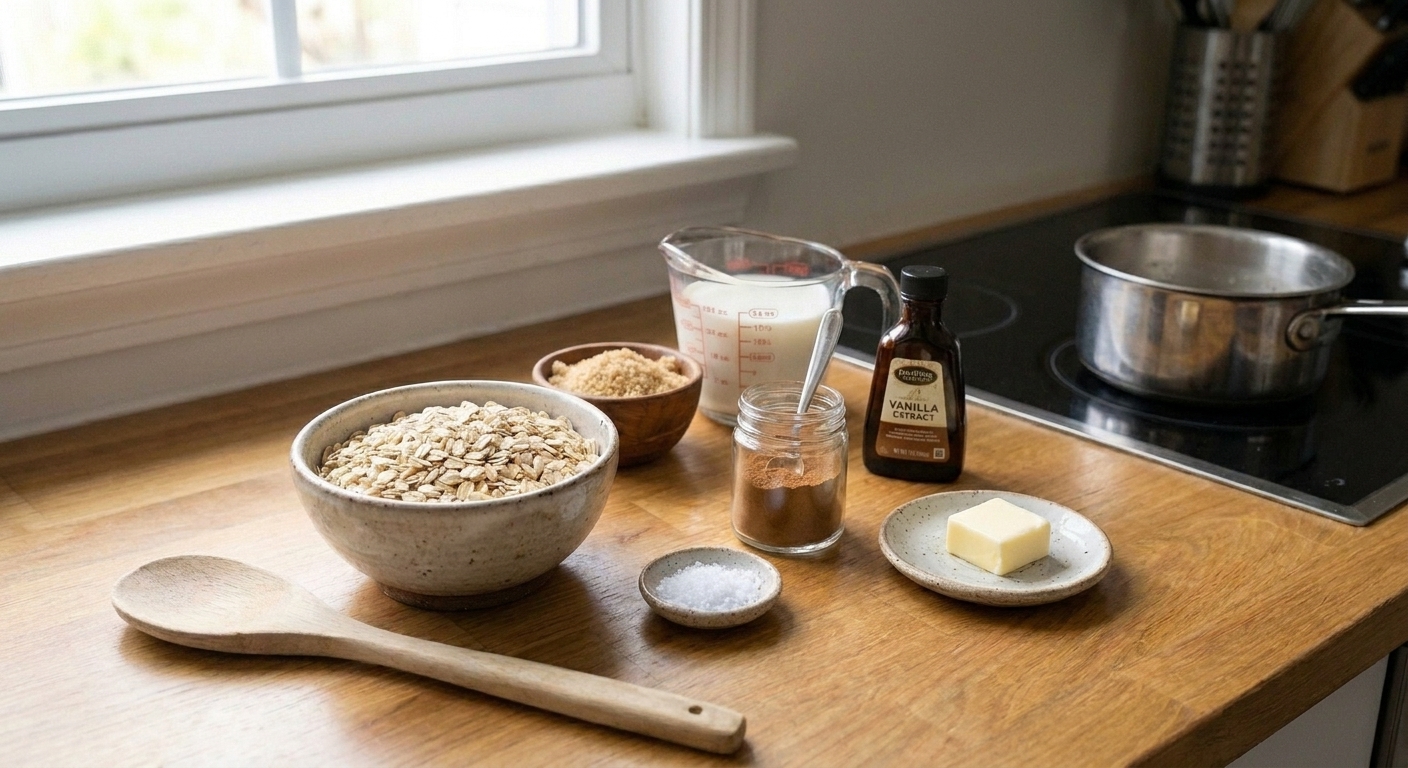 Rolled oats, milk, brown sugar, cinnamon, salt, vanilla, and butter measured out on a kitchen counter with a small saucepan nearby