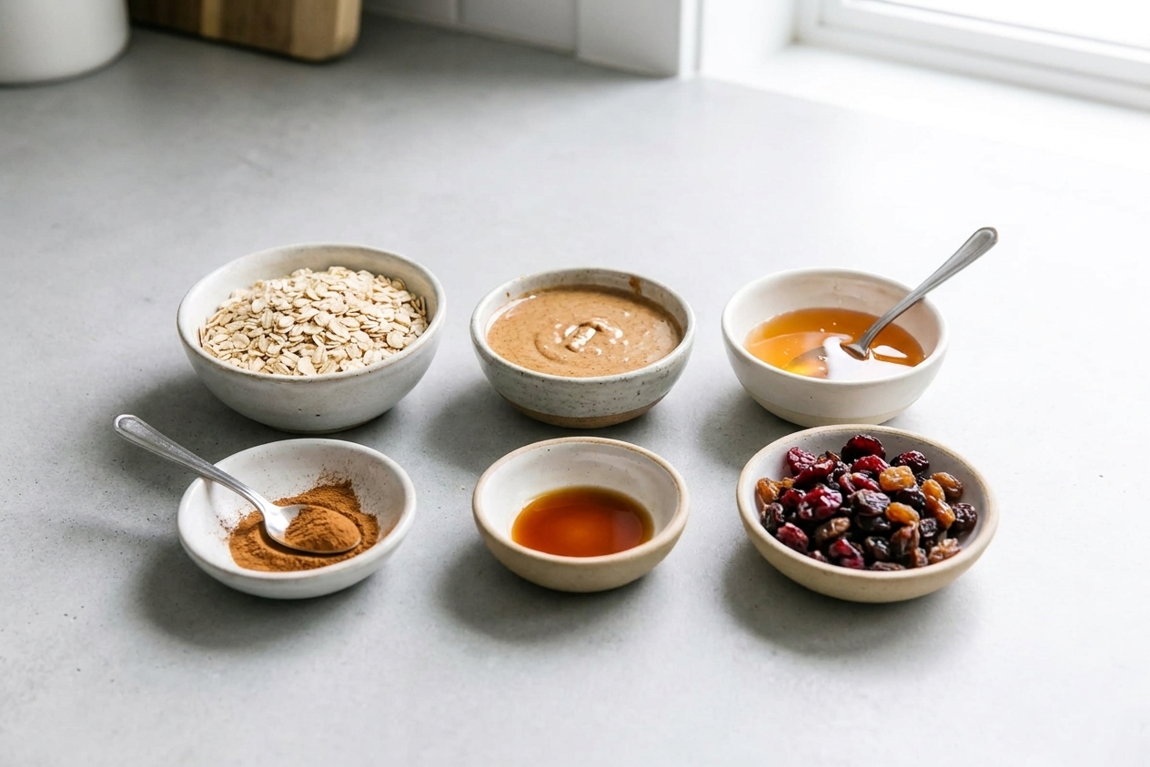 Rolled oats, nut butter, honey, cinnamon, vanilla, and dried fruit measured in small bowls on a light kitchen counter