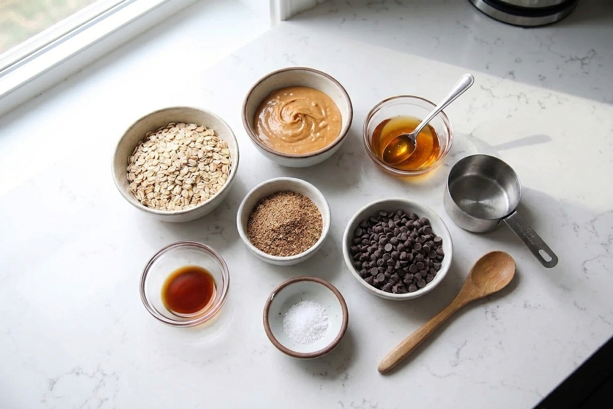 Rolled oats, peanut butter, honey, ground flaxseed, vanilla, salt, and mini chocolate chips measured on a kitchen counter in small bowls