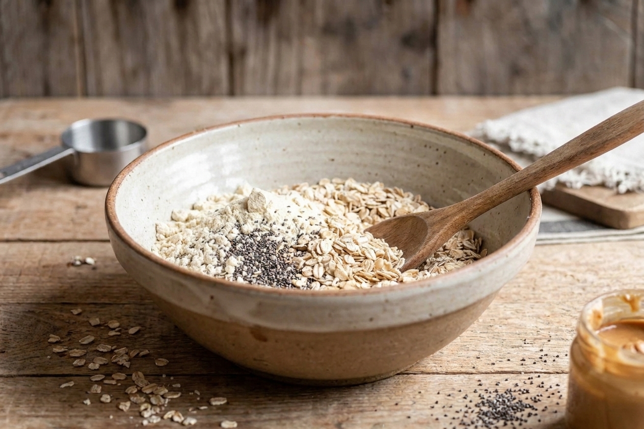 Rolled oats, protein powder, and chia seeds mixed together in a large bowl on a kitchen counter