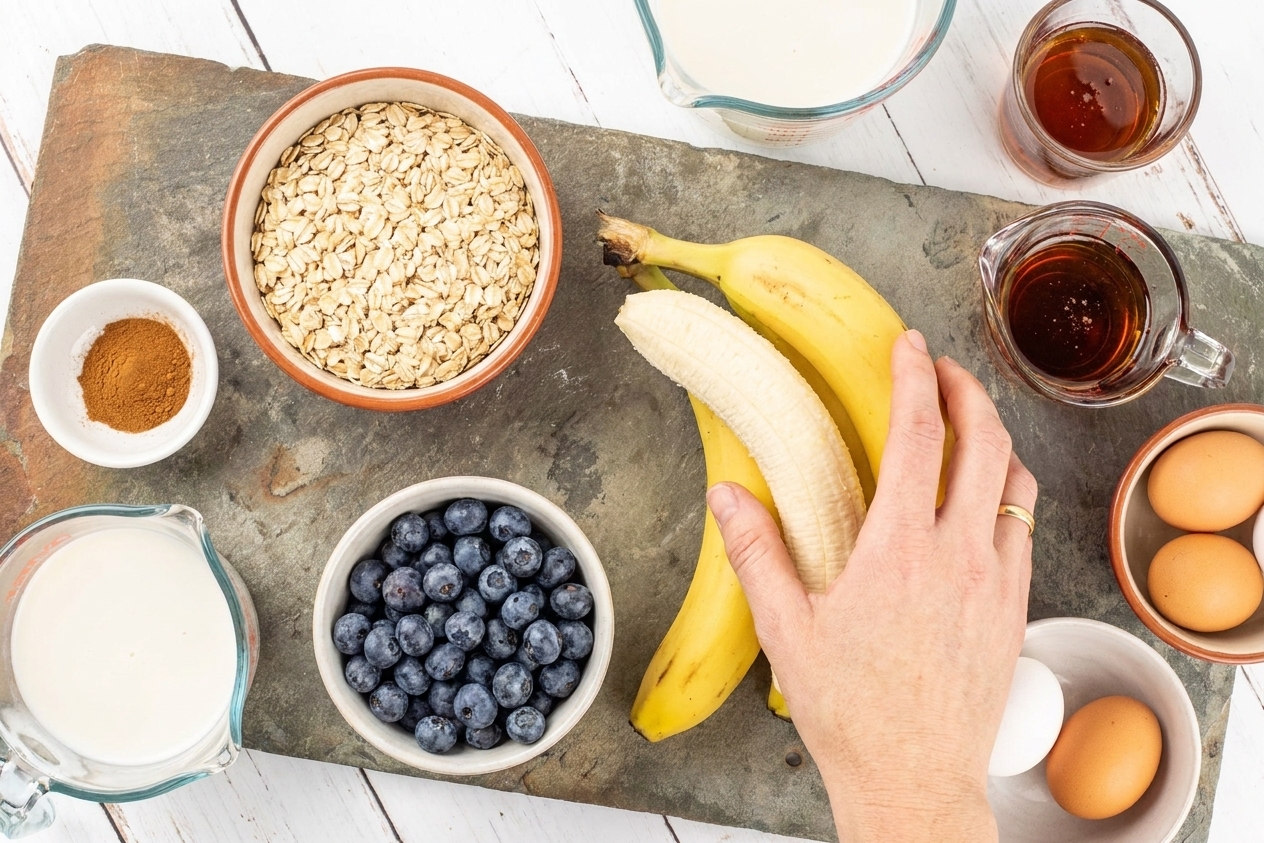 Rolled oats, ripe bananas, blueberries, eggs, milk, cinnamon, and maple syrup arranged on a clean kitchen counter in small bowls and measuring cups