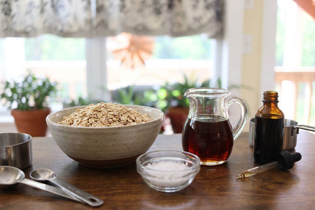 Rolled oats, sea salt, maple syrup, and vanilla extract measured on a tidy kitchen counter before making oat milk