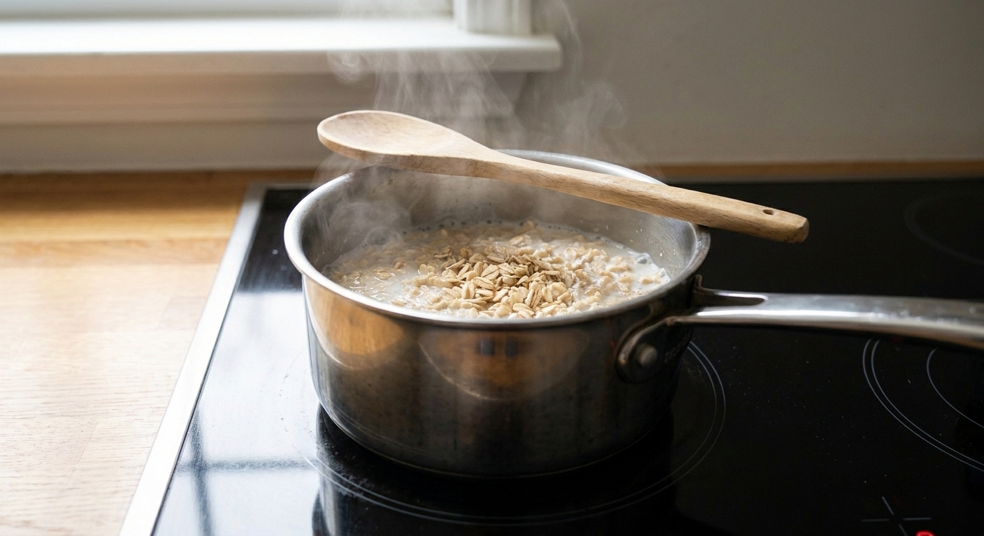 Rolled oats simmering in a small saucepan on a stovetop with a spoon resting on the rim, steam visible