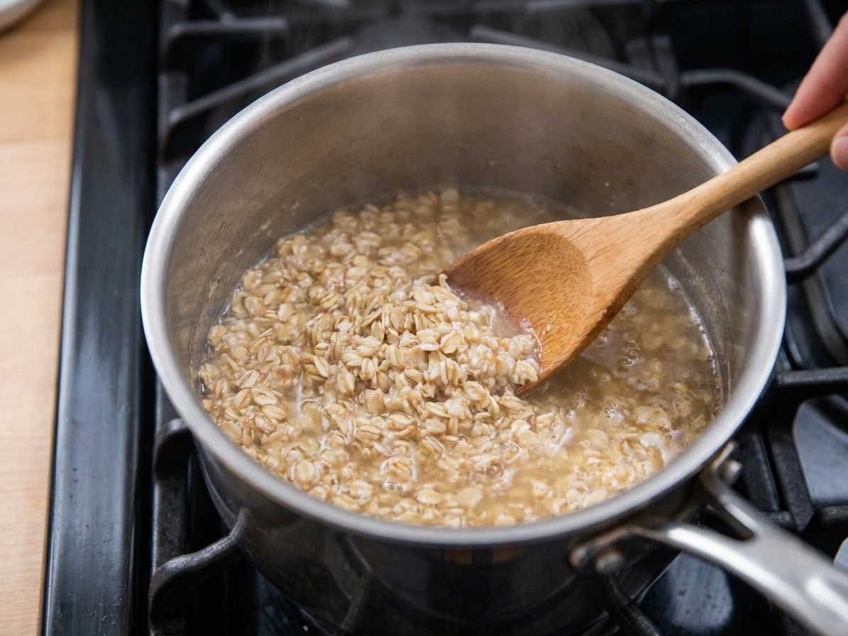 Rolled oats simmering in broth in a small saucepan while being stirred with a wooden spoon on a stovetop