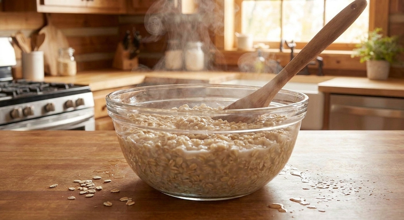 Rolled oats soaking in hot water stirred into a thick porridge-like mixture