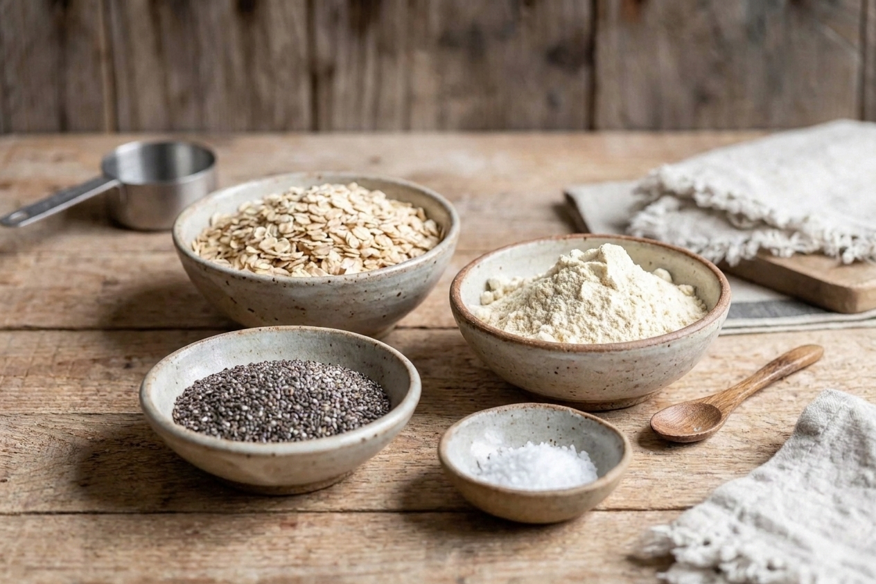 Rolled oats, vanilla protein powder, chia seeds, and a pinch of salt measured into small bowls on a clean kitchen counter