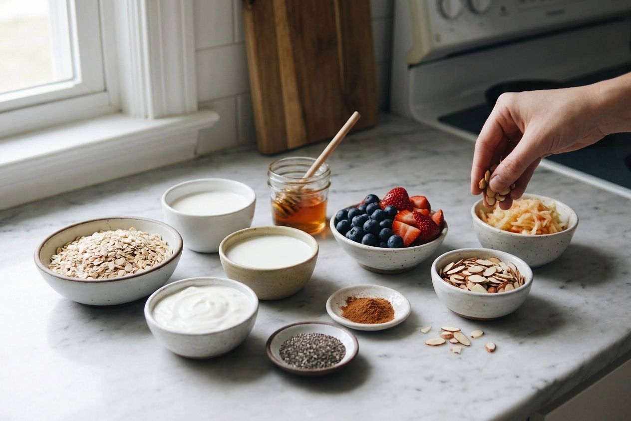 Rolled oats, yogurt, milk, honey, chia seeds, cinnamon, berries, grated apple, and sliced almonds arranged on a clean kitchen counter in small bowls