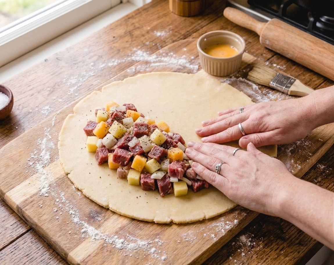 Rolled pastry circle with beef and vegetable filling piled on one side, ready to fold for a Cornish pasty