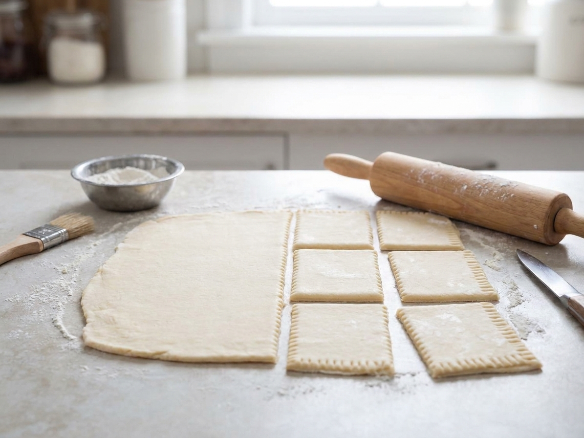 Rolled pastry dough cut into neat rectangles on a floured countertop beside a rolling pin