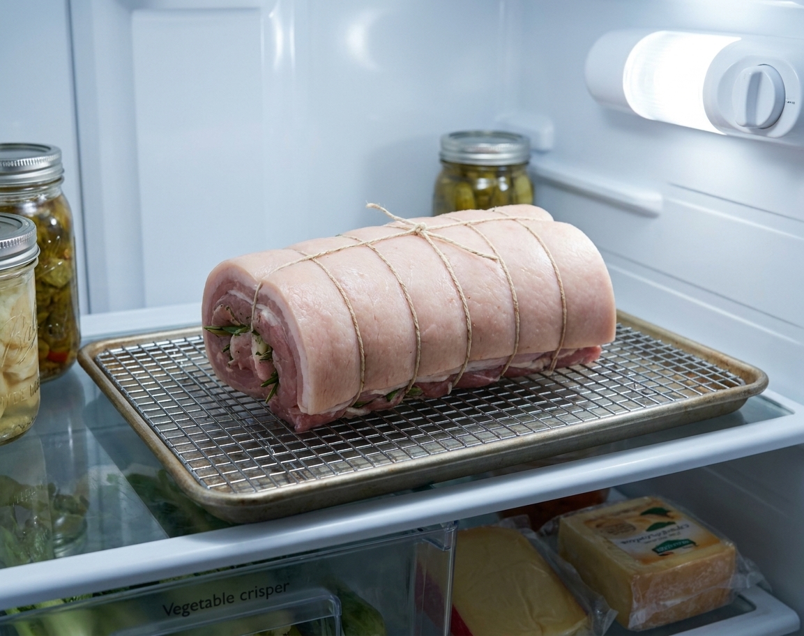 Rolled pork belly on a wire rack over a sheet pan, uncovered and ready to dry in a refrigerator