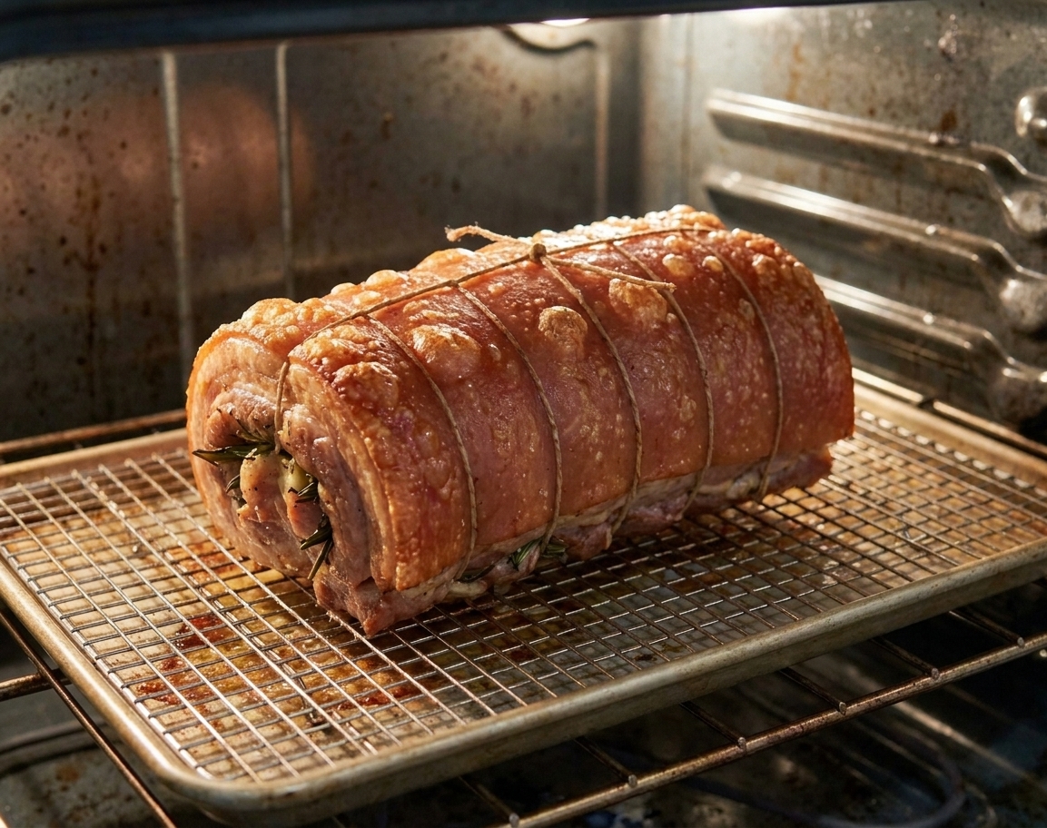Rolled pork belly roasting on a wire rack over a sheet pan in an oven, skin beginning to blister and brown