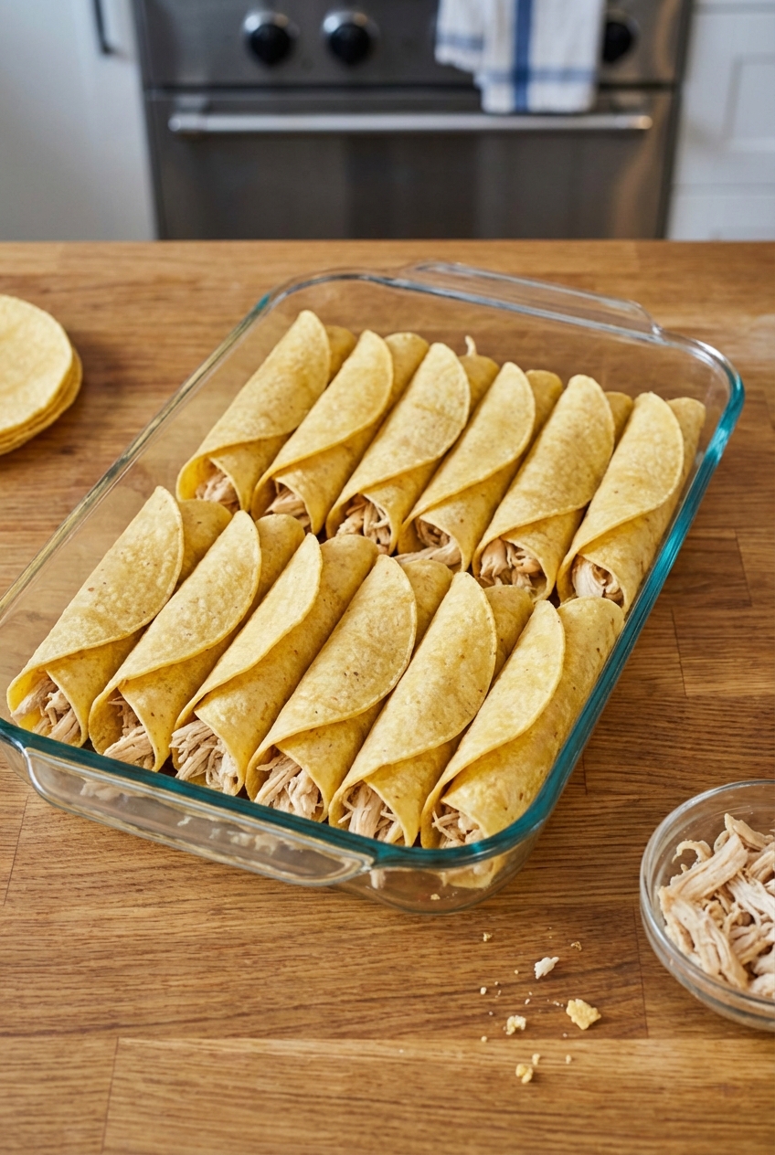 Rolled tortillas filled with chicken lined up in a baking dish before baking