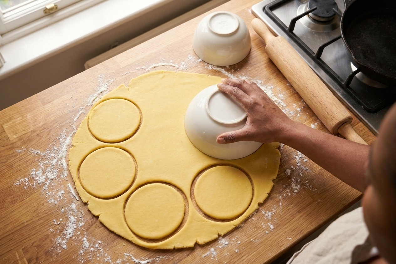 Rolled yellow pastry dough on a floured counter being cut into circles with an upside-down bowl