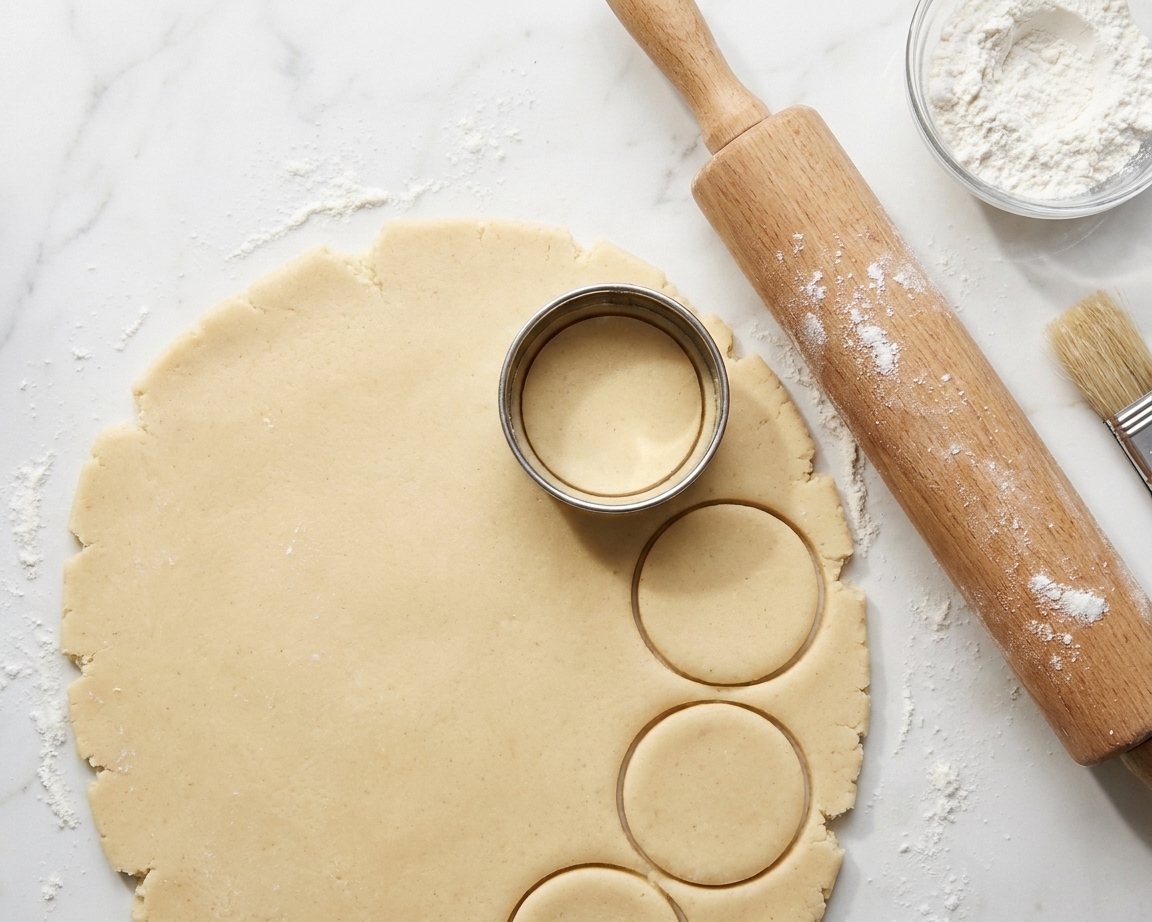 Rolling pin and round cookie cutter on a lightly floured counter with a sheet of pale cookie dough ready to cut