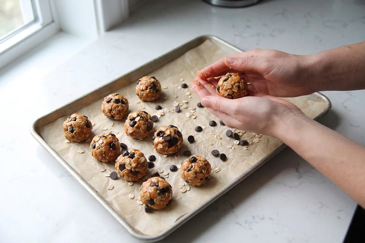 Rolling the peanut butter oat mixture into small balls on a parchment-lined sheet pan on a light kitchen counter