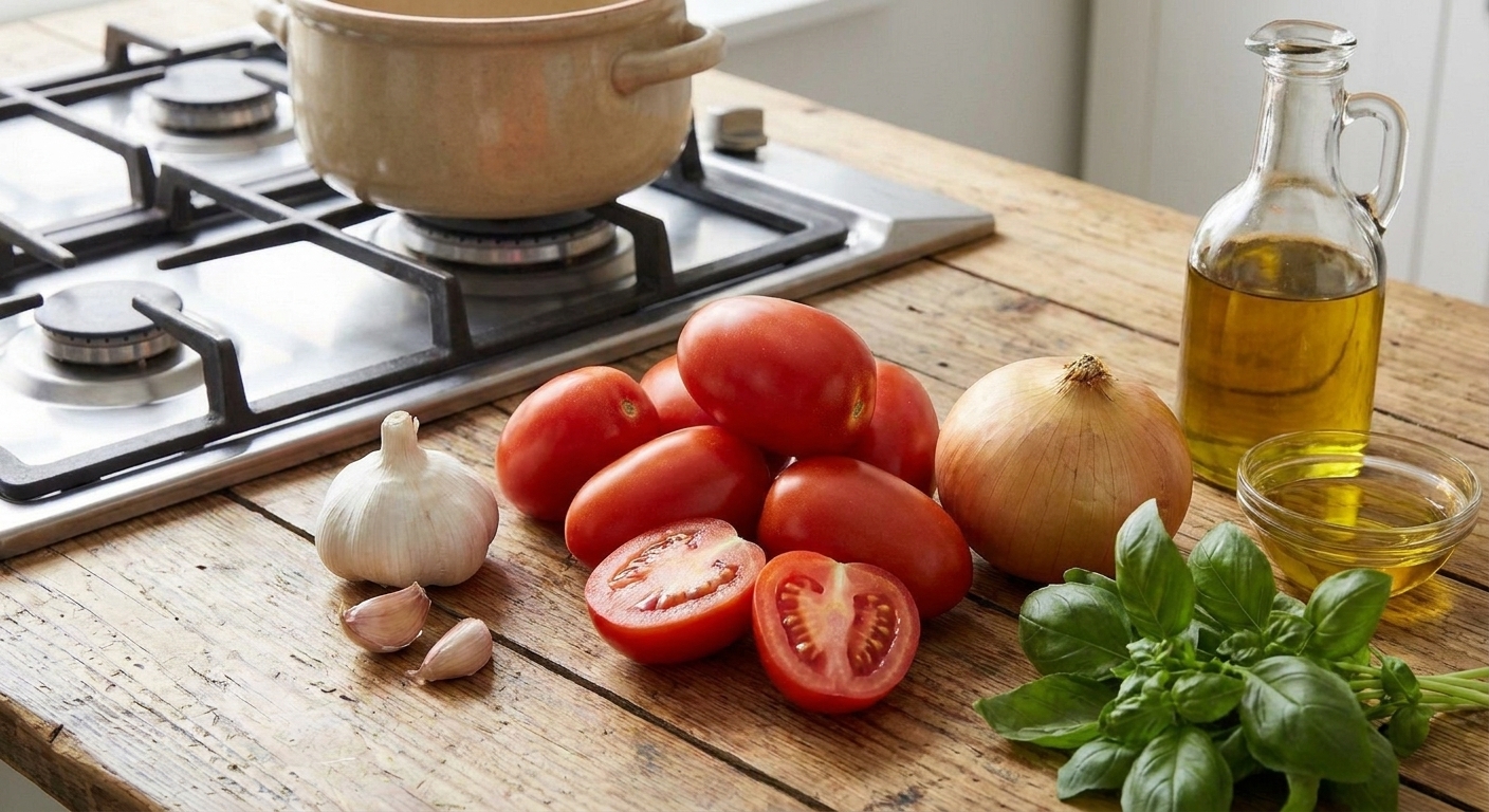 Roma tomatoes, a head of garlic, a yellow onion, fresh basil, and olive oil arranged on a kitchen counter.