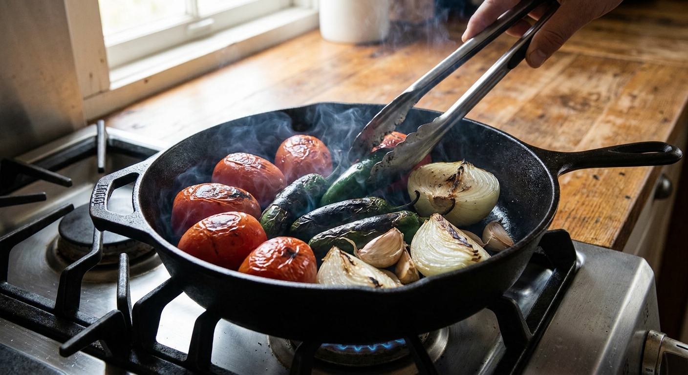 Roma tomatoes, jalapeños, onion, and garlic charring in a hot cast iron skillet on a stovetop