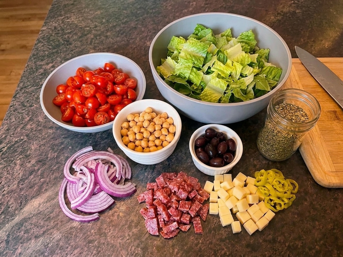 Romaine, cherry tomatoes, red onion, chickpeas, salami, provolone, pepperoncini, olives, and a jar of Italian seasoning arranged on a kitchen counter