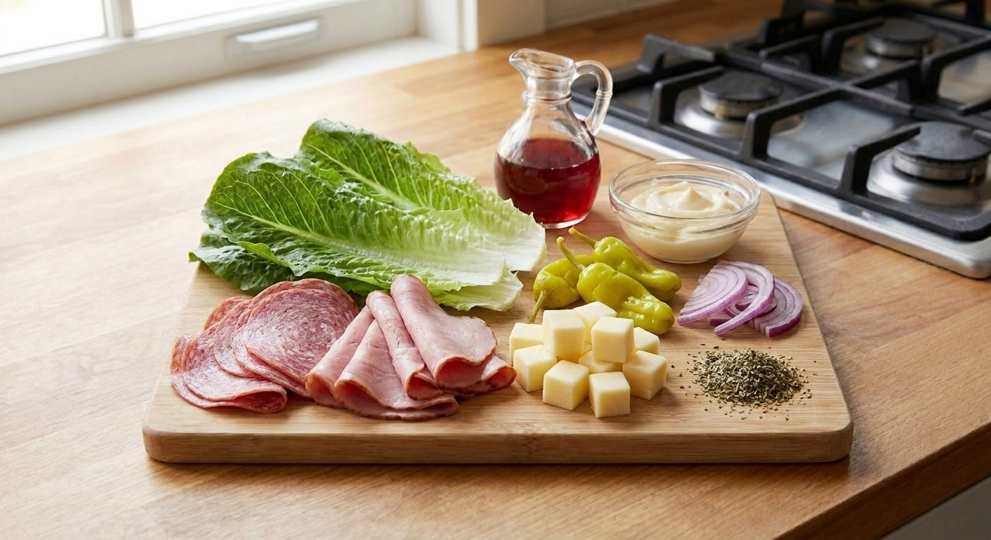 Romaine hearts, sliced salami, sliced ham, provolone, pepperoncini, red onion, mayonnaise, red wine vinegar, and Italian seasoning arranged on a cutting board