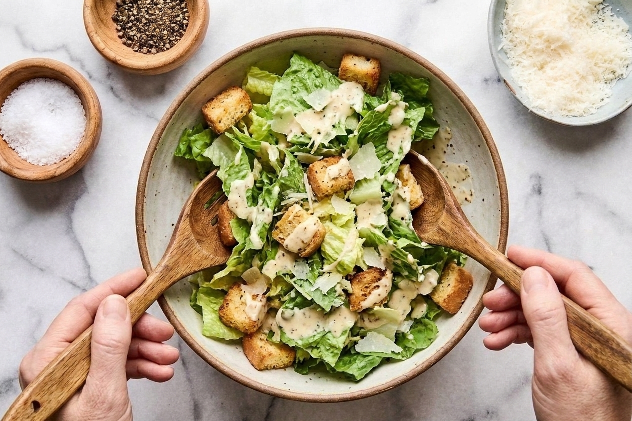 Romaine lettuce and croutons in a serving bowl with creamy Caesar dressing drizzled over the top