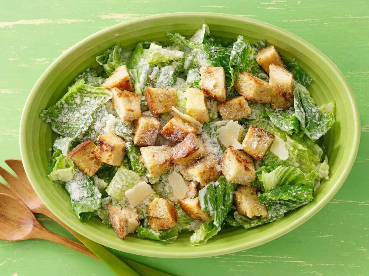 Romaine tossed with creamy Caesar dressing in a large salad bowl, topped with golden croutons and shaved Parmesan