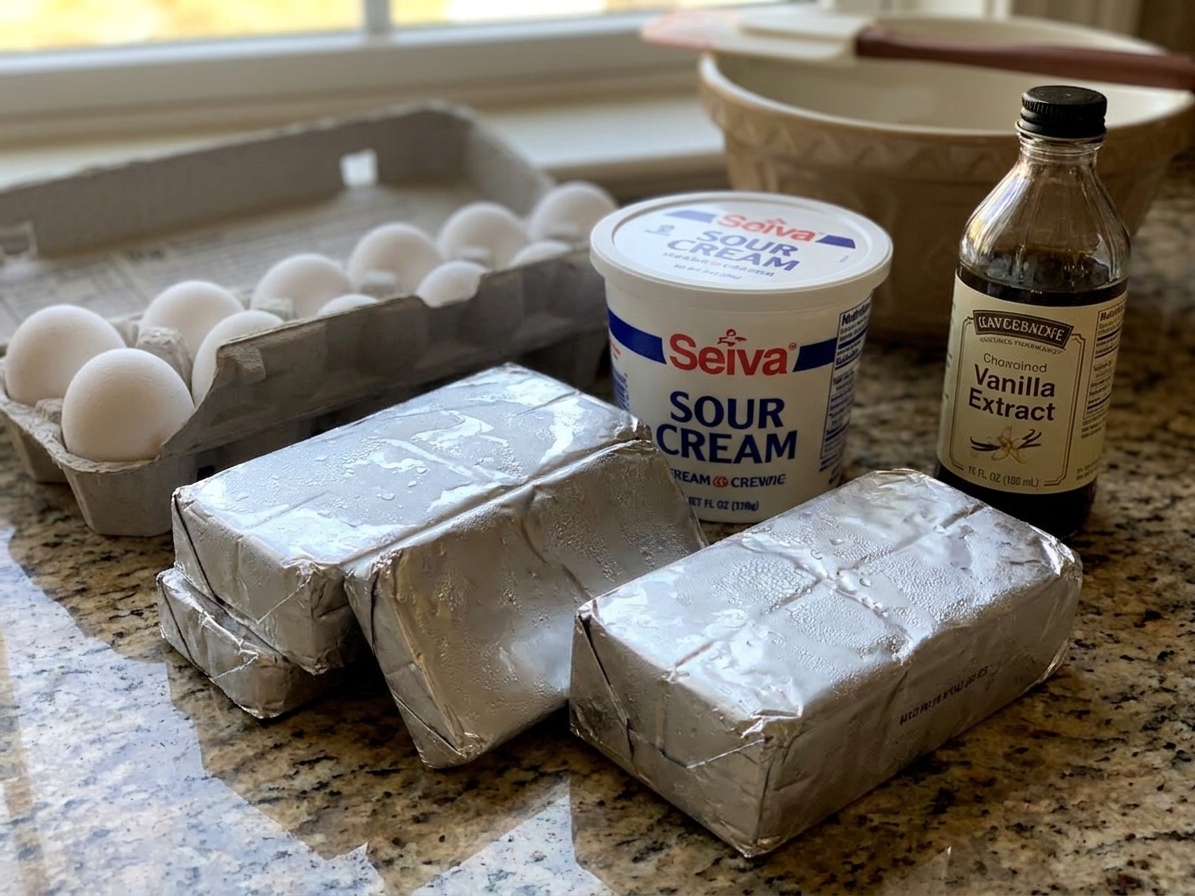 Room temperature cream cheese blocks, eggs, sour cream, and vanilla set out on a kitchen counter ready for cheesecake filling