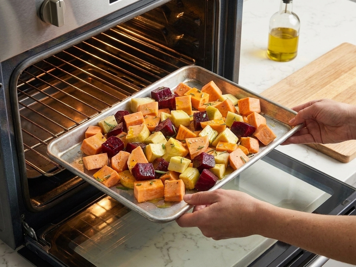 Root vegetables spread in a single layer on a sheet pan being slid into a preheated oven