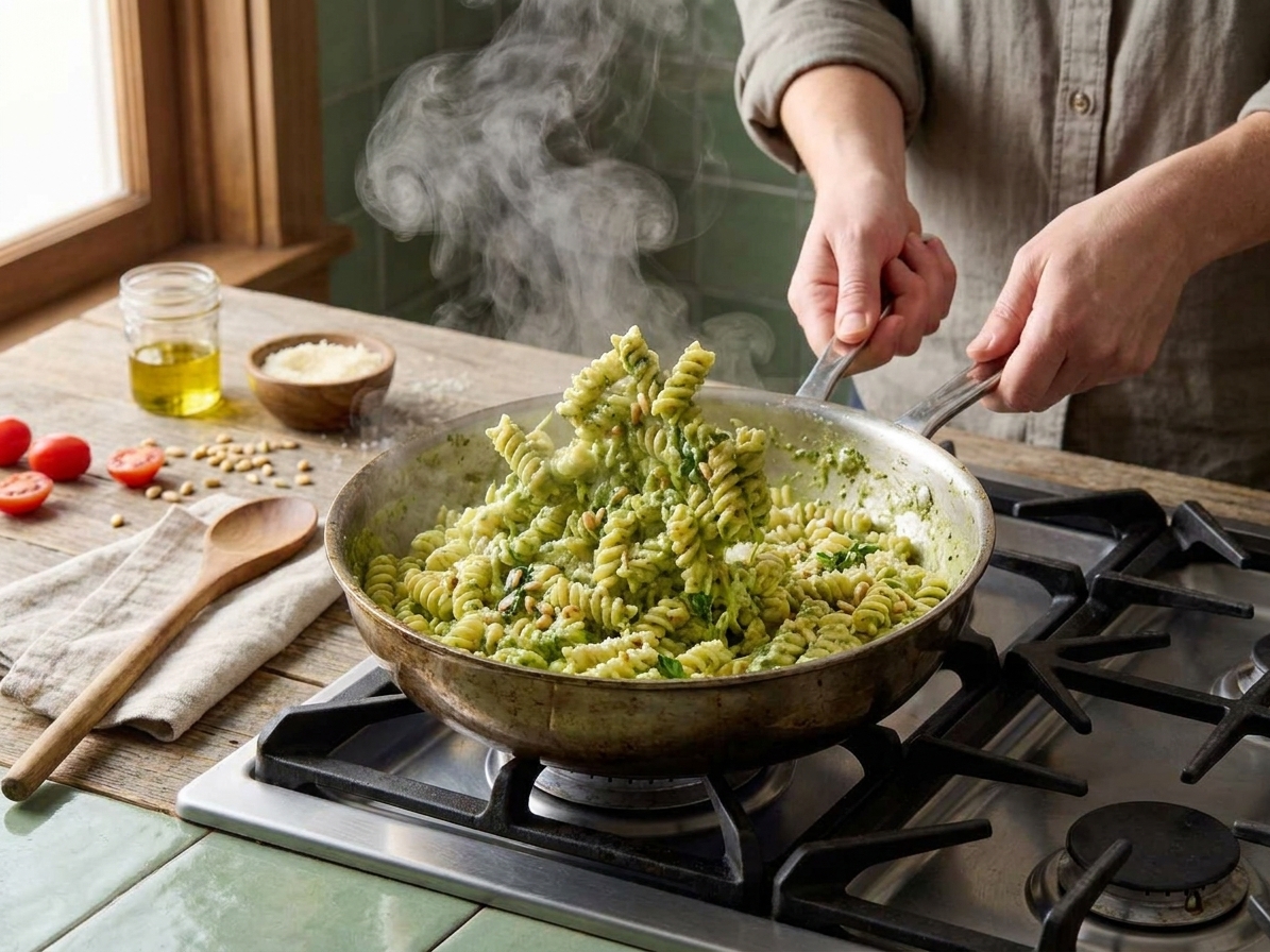Rotini and creamy pesto sauce being tossed in a large skillet on a stovetop with steam rising