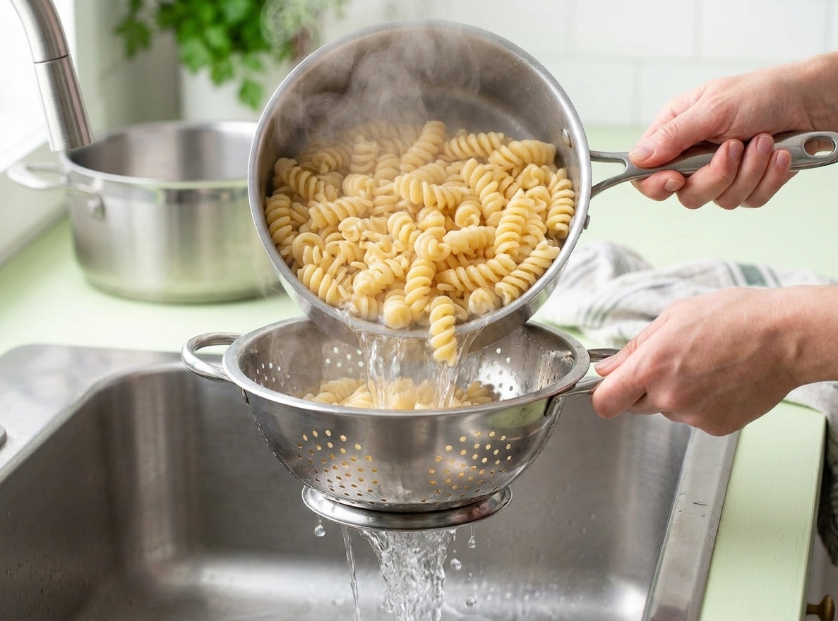 Rotini pasta being drained in a colander in a stainless steel sink with steam rising
