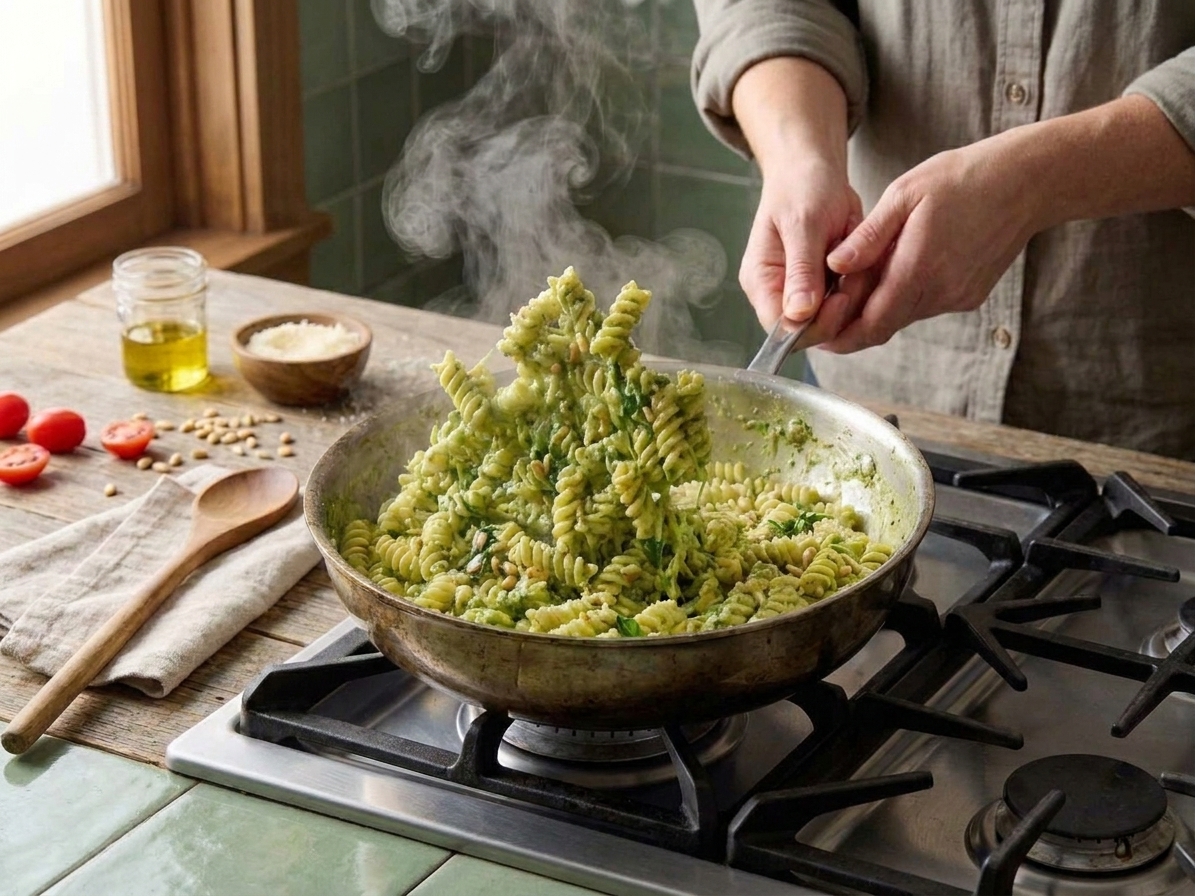 Rotini pasta being tossed in a skillet with creamy green pesto sauce and wilted spinach