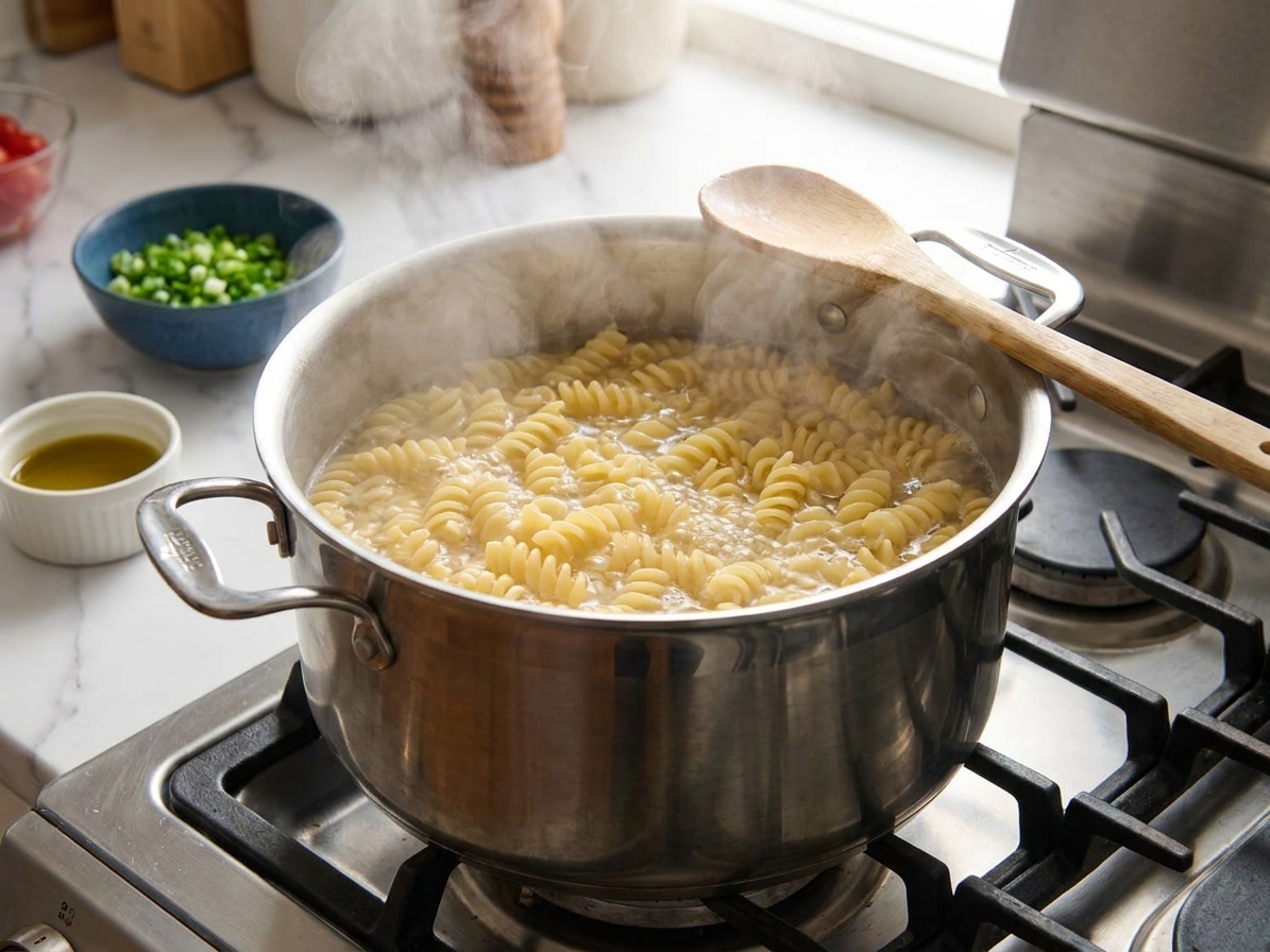 Rotini pasta boiling in a large stainless steel pot on a home stove with steam rising