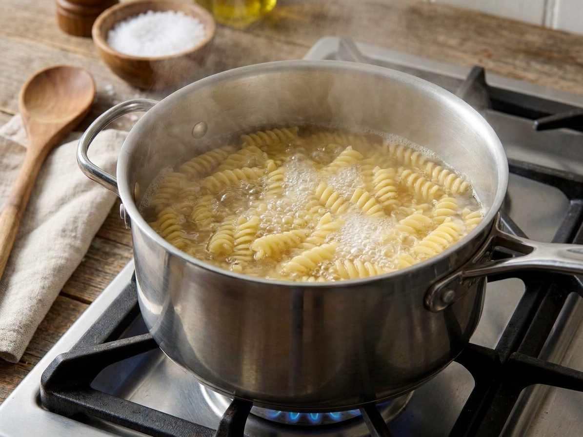 Rotini pasta boiling in a large stainless steel pot on a home stovetop with lightly bubbling water