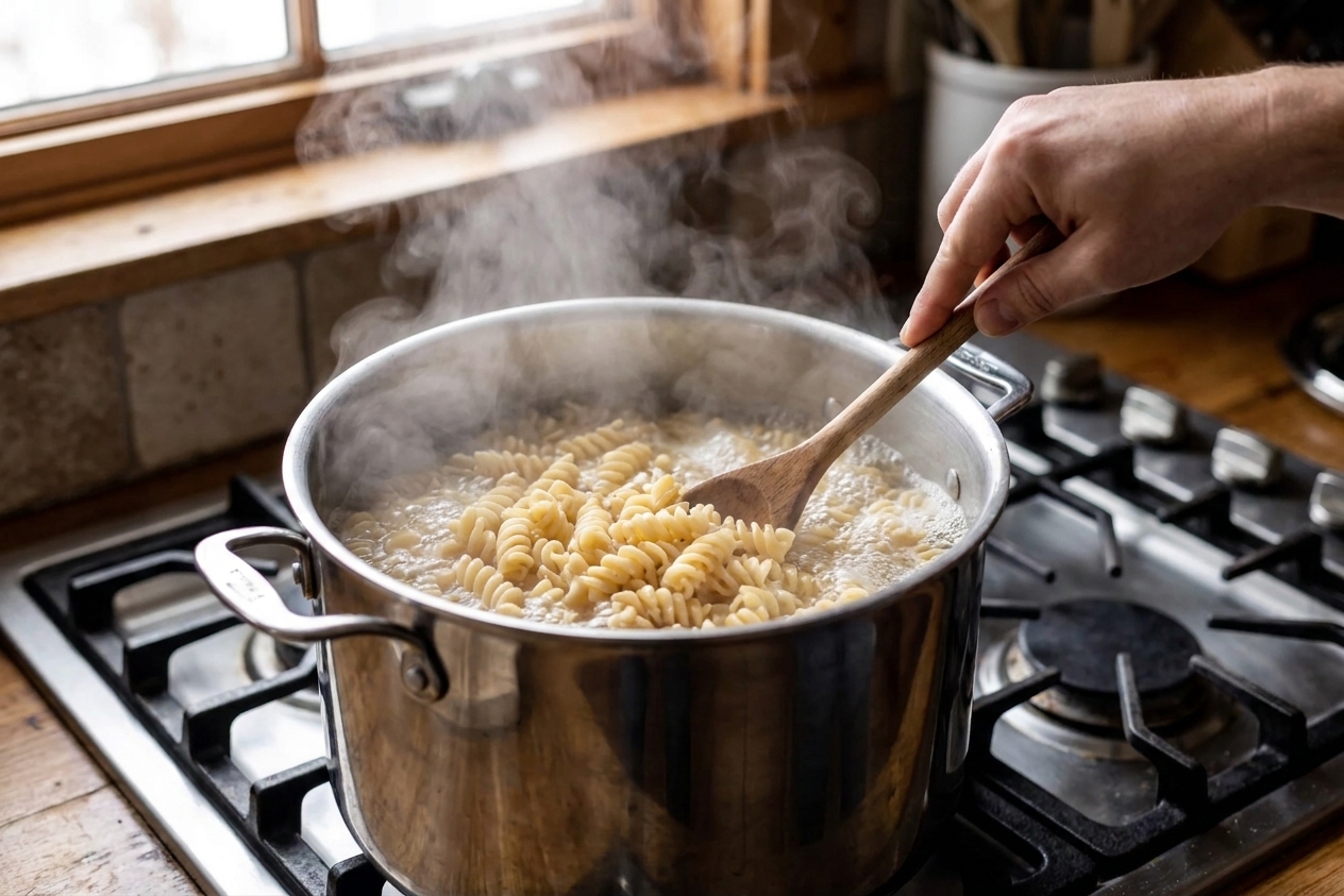 Rotini pasta boiling in a stainless steel pot on a stovetop with steam rising