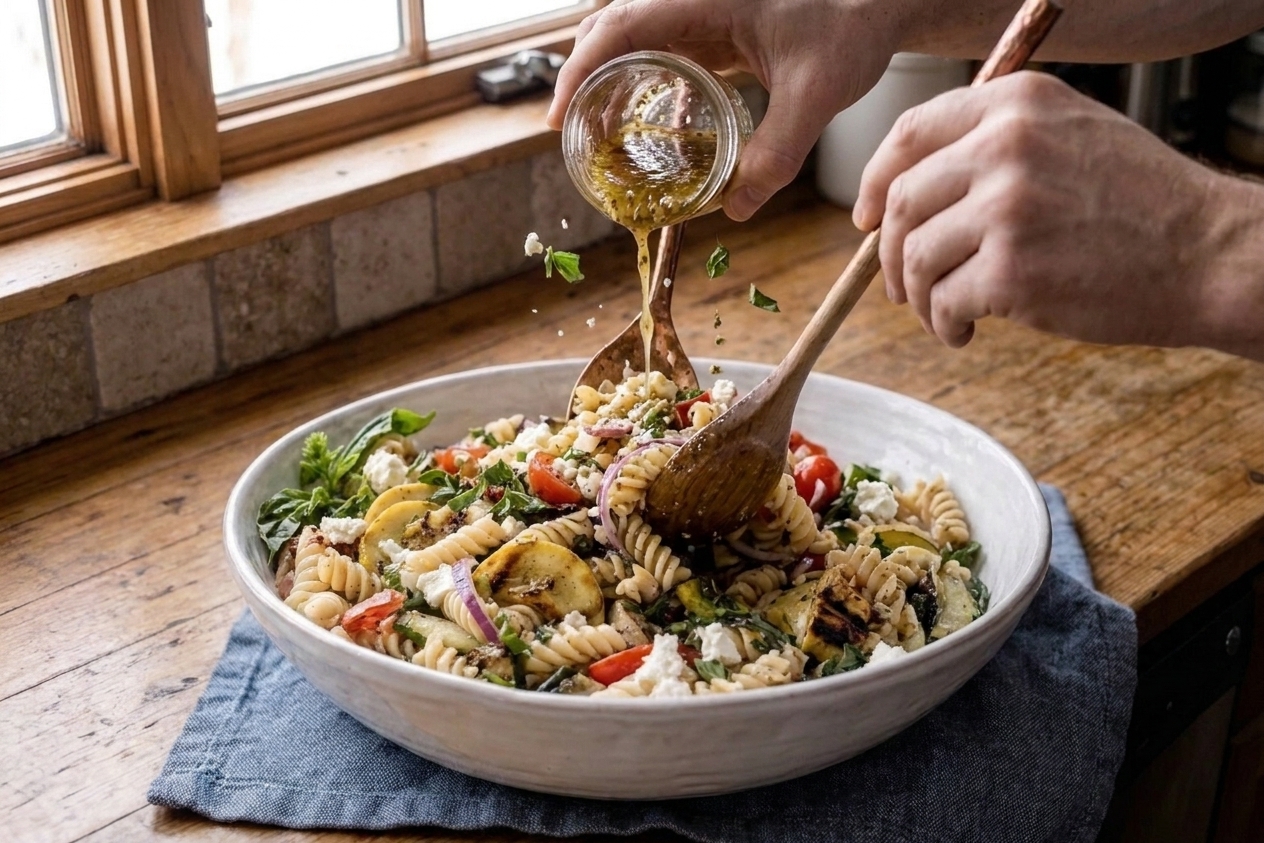 Rotini pasta salad being tossed in a large mixing bowl with a wooden spoon, glossy dressing coating the pasta in a home kitchen