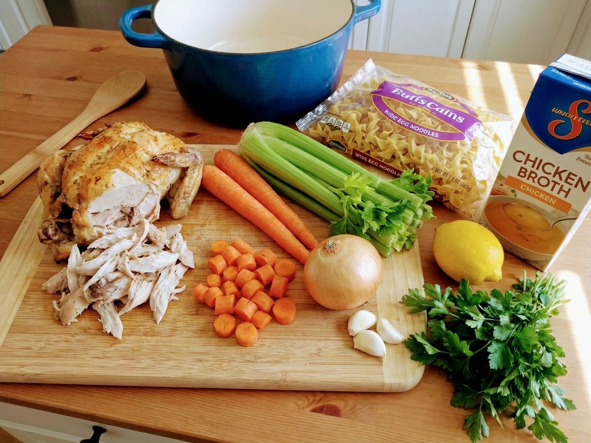 Rotisserie chicken, carrots, celery, onion, garlic, broth, egg noodles, lemon, and herbs arranged on a kitchen counter ready to cook