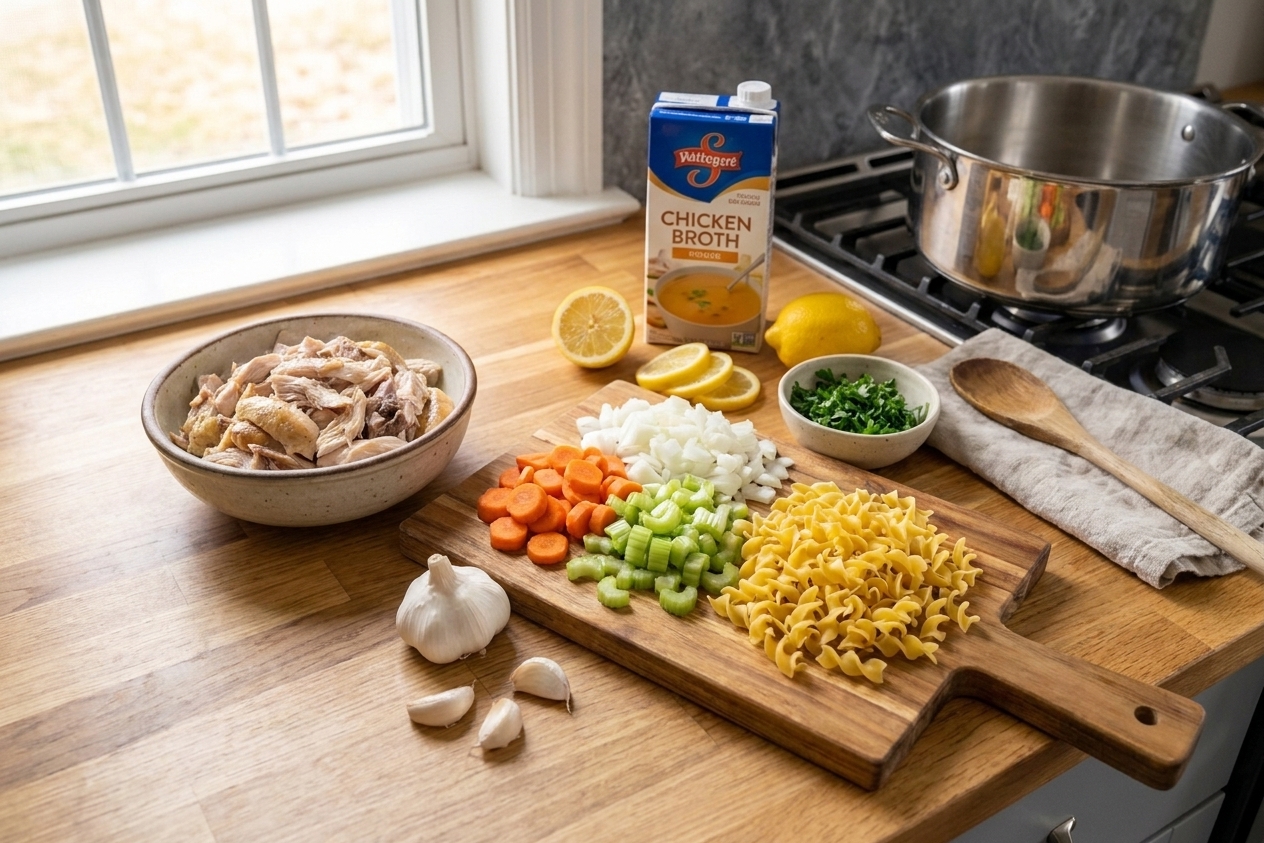 Rotisserie chicken, carrots, celery, onion, garlic, chicken broth, egg noodles, lemon, and fresh parsley arranged on a kitchen counter