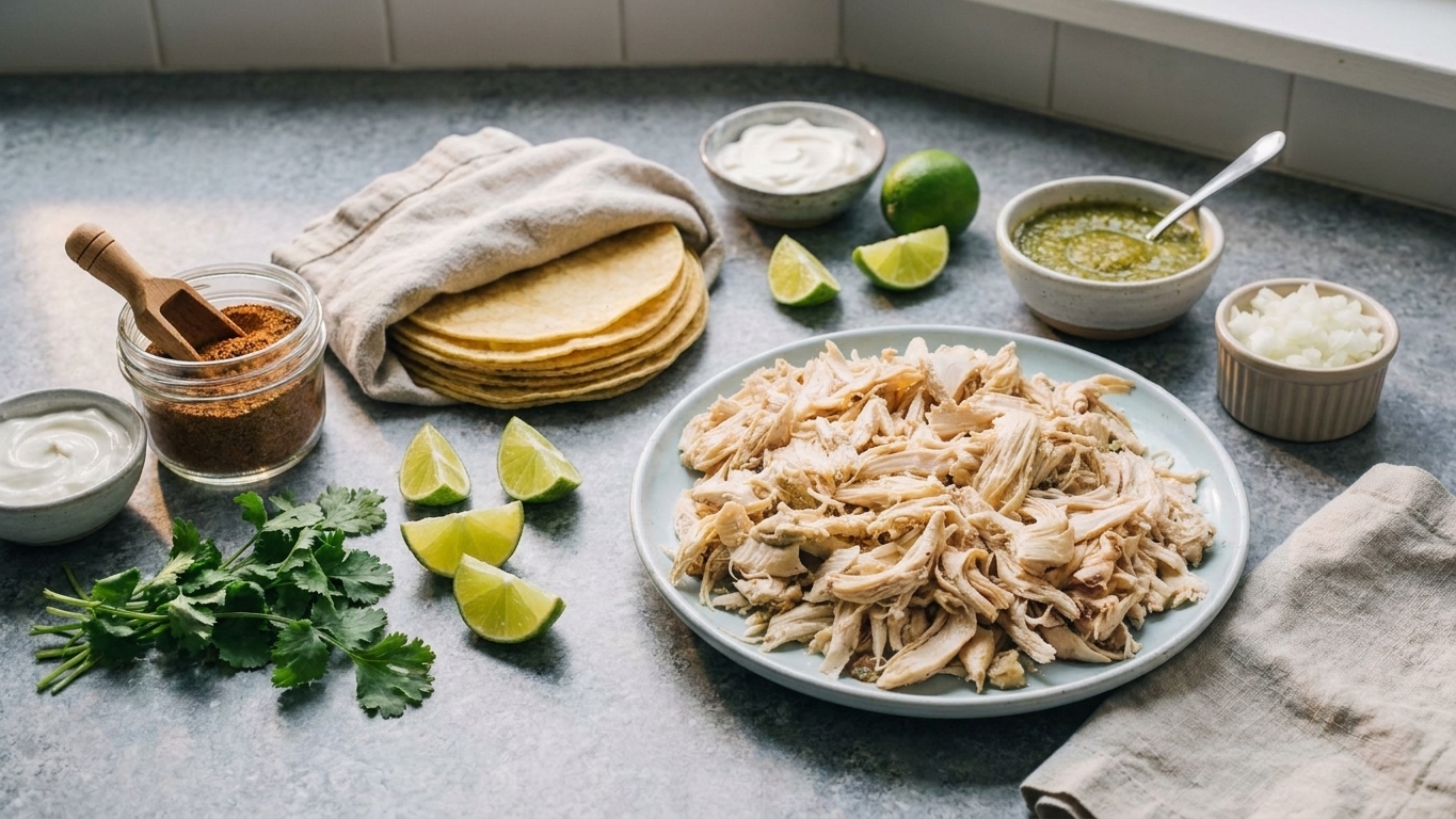 Rotisserie chicken, corn tortillas, salsa verde, sour cream, lime, cilantro, onion, and spices arranged on a clean kitchen counter